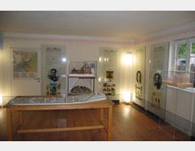 Ausstellungsraum eines Museums mit hölzernem Boden, mehreren beleuchteten Informationstafeln an den Wänden und Vitrinen mit Modellen historischer Gebäude. Im Vordergrund steht ein Holztisch mit einem Modell, das ein Spielfeld oder eine Planung darstellt.