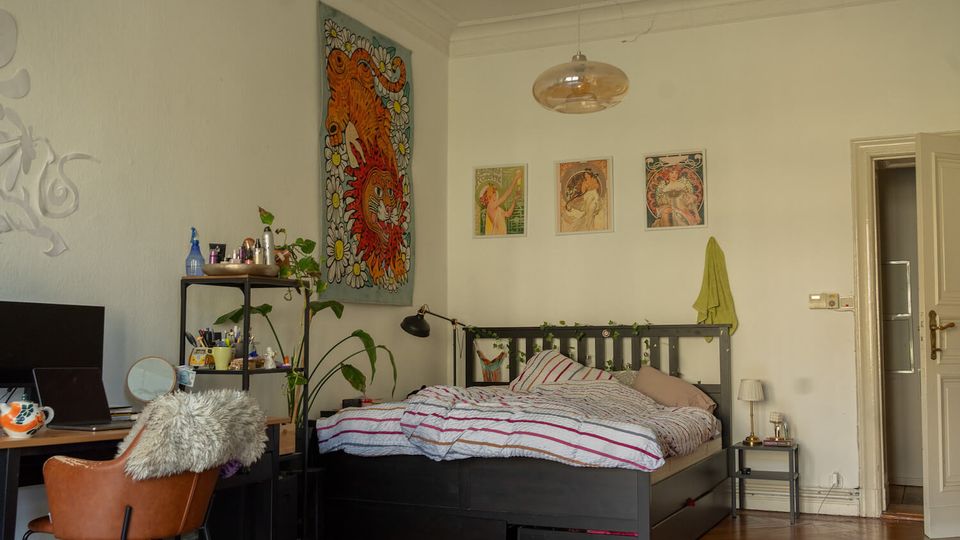 Bright bedroom with high ceilings, white walls, and a black platform bed with striped bedding, surrounded by framed art and a large colorful wall tapestry. A small desk and shelving unit with plants sit by the bed, and an open doorway leads to an adjacent room over wooden floors.