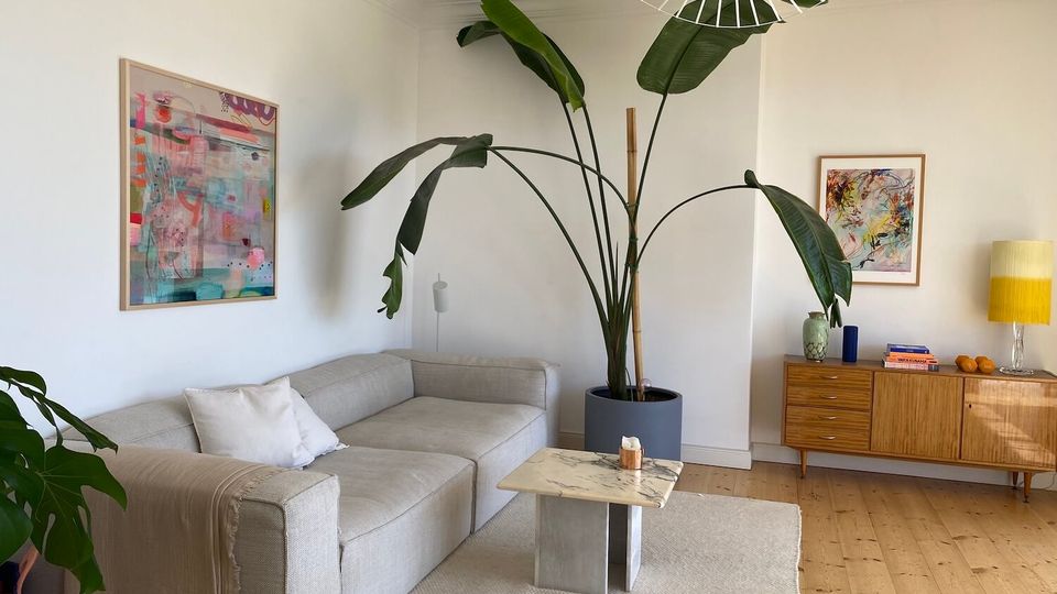 Bright living room with white walls and light wood floors, featuring a light gray sectional sofa on a textured rug and a small marble-top coffee table. A tall potted plant with large leaves stands near a wooden sideboard with a yellow lamp, and colorful framed abstract artwork hangs on the walls beneath a modern white pendant light.