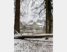 Winterliche Szenerie mit einer historischen Villa im Hintergrund, umgeben von kahlen Bäumen und Schneebedecktem Boden; im Vordergrund liegt ein umgestürzter Baumstamm im Schnee.