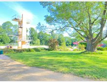 Grüne Parklandschaft mit einem großen Baum im Vordergrund, einem gelben Sprungturm im Hintergrund und roten Rutschen eines Freibads. Umgeben von Rasenflächen, Büschen und Bäumen bei sonnigem Wetter.