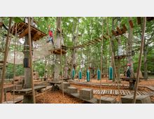 Ein Kletterpark in einem Wald mit hohen Bäumen, Holzbalken, Seilbrücken und Plattformen, die an den Baumstämmen befestigt sind. Kinder mit Sicherheitsausrüstung bewegen sich auf den Parcours, und der Boden ist mit Rindenmulch bedeckt.