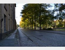Straßenansicht mit Kopfsteinpflaster und durchgehenden Straßenbahnschienen, flankiert von einem Backsteingebäude auf der linken Seite und einer Baumreihe auf der rechten Seite, die zu einer offenen Grünfläche führt. Im Hintergrund sind weitere Bäume und ein helles Gebäude sichtbar.