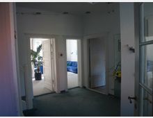 Flur in einem Wohngebäude mit Teppichboden, weißen Wänden und mehreren Türen, die zu anderen Räumen führen. Im Hintergrund sind ein blaues Sofa und eine Zimmerpflanze sichtbar.