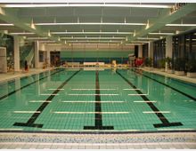 Hallenbad mit einem rechteckigen Schwimmbecken, umgeben von weißen Säulen und modernen Deckenleuchten. Die Wände sind teils mit Mosaiken und Pflanzen dekoriert, und entlang des Beckens befinden sich Sitzgelegenheiten sowie Poolausrüstung.