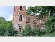 Verlassenes, teilweise eingestürztes Gebäude aus rotem Ziegelstein mit hohen, zerbrochenen Fenstern und neogotischen Fensterbögen, umgeben von wildem Bewuchs und Bäumen.