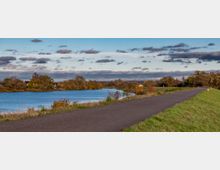 Asphaltierter Rad- und Wanderweg entlang eines Flusses mit angrenzendem Grasufer und Bäumen in herbstlichen Farben. Der Himmel ist teils bewölkt, und am Horizont sind weitere Bäume und Gebäude sichtbar.