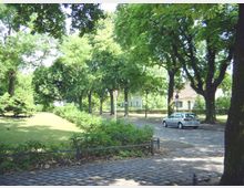 Grüne Parklandschaft mit Rasenfläche und Büschen, umgeben von einer Baumreihe. Im Hintergrund sind eine gepflasterte Straße, ein geparktes silbernes Auto und ein Wohnhaus mit Garten zu sehen.