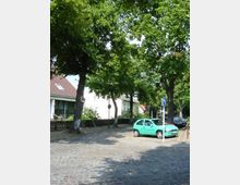 Pflastersteinstraße in einer Wohngegend mit Bäumen, die Schatten spenden. Auf der rechten Seite parkt ein grünes Auto neben einem Verkehrsschild, im Hintergrund stehen Häuser mit Vorgärten.