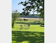 Gepflegter Garten mit Rasenfläche, zwei Klappstühlen und kleinem Bistrotisch im Vordergrund, umrahmt von überhängenden Baumzweigen. Dahinter liegen eine Wiese und Felder vor einem Waldrand, mit einem Tier auf der Weide und einem kleinen Stapel Holz oder Steinen rechts.