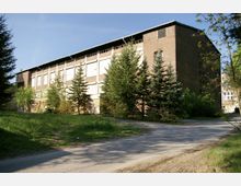 Backsteingebäude mit großen, teils zugemauerten Fenstern, umgeben von hohen Nadelbäumen und einer Grünfläche, im Vordergrund eine unbefestigte Straße. Der Himmel ist klar und blau.