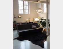 Modernes Wohnzimmer mit einem dunklen Sofa, einer schwarzen Fellteppich-Attrappe auf einem glänzenden Boden und großen Fenstern, die viel natürliches Licht hereinlassen. Im Hintergrund sind ein Bücherregal, Pflanzen, zwei Hängelampen und dekorative Elemente zu sehen.