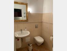 Kleines Badezimmer mit beigefarbenen Fliesen an den Wänden und orange-braunen Bodenfliesen. Es enthält ein Wand-WC, ein Waschbecken mit Spiegel in einem goldenen Rahmen sowie eine Wandleuchte und Zubehör wie einen Mülleimer und einen Toilettenpapierhalter.