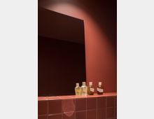 Ein beleuchteter Waschtisch mit roten Fliesen und einem großen rechteckigen Spiegel. Auf der gefliesten Ablage stehen vier Flaschen mit Kosmetikprodukten vor einer rotbraunen Wand.