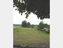 Weite Wiese mit eingezäunten Bereichen, umgeben von Bäumen und vereinzelten landwirtschaftlichen Anhängern am rechten Bildrand. Im Hintergrund erstreckt sich eine flache Landschaft mit Büschen und Bäumen unter bewölktem Himmel.