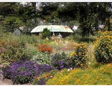 Ein farbenfroher Garten mit einer Vielzahl von Blumen in Gelb, Orange, Lila und Weiß, umgeben von üppigem Grün. Im Hintergrund steht ein Pavillon mit einem grünlichen, leicht verrosteten Metalldach, umgeben von Bäumen.