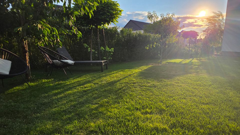 Garten mit großer Rasenfläche, umgeben von Hecken und Bäumen, mit mehreren Liegestühlen und einer Sitzbank. Tief stehende Sonne am Himmel wirft lange Schatten über den Rasen, im Hintergrund sind Hausdächer zu sehen.