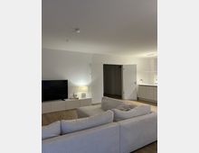 Modernes Wohnzimmer mit Holzboden, heller Polstercouch, einem Fernseher auf einem weißen Sideboard und einer Stehlampe. Im Hintergrund eine offene Küche mit weißen Schränken sowie eine geöffnete Zimmertür, die in einen dunkleren Flur führt.