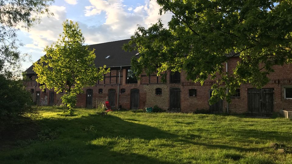 Langer Backsteinbau eines ehemaligen landwirtschaftlichen Hofes mit dunklem Satteldach und mehreren Holztoren und kleinen Fenstern. Davor liegt eine Wiese mit Bäumen, deren Äste den Blick teilweise einrahmen, unter einem Himmel mit vereinzelten Wolken.