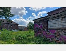 Ein verlassenes Industrie- oder Wohngebiet mit überwuchertem Gras und Pflanzen im Vordergrund. Im Bild sind mehrere Backsteingebäude zu sehen, darunter ein einstöckiges Gebäude mit Graffiti und ein mehrstöckiges Gebäude mit zerbrochenen Fenstern im Hintergrund; der Himmel ist teils bewölkt.