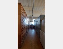 Ein schmaler Raum mit hohen Schränken auf beiden Seiten, ausgestattet mit zahlreichen flachen Schubladen zur Aufbewahrung. Am Ende des Raumes steht eine kleine Leiter, und ein Fenster lässt Tageslicht herein.