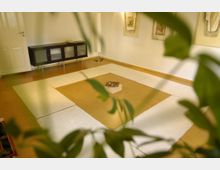 Minimalistisch eingerichteter Raum mit hellem Bodenbelag und einem großen, rechteckigen Teppich in Beige- und Weißtönen. An der Wand hängen abstrakte Kunstwerke, und im Hintergrund steht ein dunkles Sideboard mit Glasfronten; im Vordergrund sind unscharf Blätter einer Pflanze sichtbar.