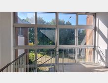 Treppenhausbereich mit großen Glasfenstern auf einer Seite, durch die Bäume und ein Gebäudeteil sichtbar sind. Der Bereich ist hell erleuchtet durch Sonnenlicht, das von draußen hereinfällt, und an den Fenstern sind Vogelaufkleber angebracht.