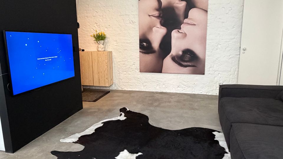 Modernes Loft-Wohnzimmer mit weißer Backsteinwand, Sichtbalkendecke und Betonboden. Ein schwarzes Trennelement mit Wandbildschirm, ein großes Wandbild, ein dunkles Sofa und ein schwarz-weißes Kuhfell als Teppich prägen den Raum.