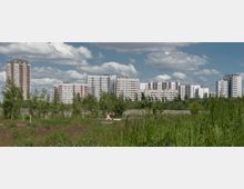 Wohnblocks in urbaner Umgebung mit mehreren Hochhäusern und einer Grünfläche im Vordergrund, die von Bäumen und hohem Gras bewachsen ist. Zwei Personen sitzen auf einer Bank in der Wiese unter einem sonnigen Himmel mit weißen Wolken.