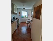 Kleine Küche mit Terrakotta-Fliesenboden, weiß lackierten Küchenschränken und einem Fenster mit Vorhang, das Tageslicht hereinlässt. In der Mitte steht ein kleiner Tisch mit Metallstuhl, und Pflanzen befinden sich auf der Fensterbank.