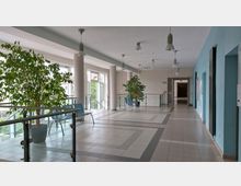 Ein heller Flur in einem modernen Gebäude mit großen Fenstern, mehreren Topfpflanzen, blauen Sitzbänken und hellen Fliesen. An der rechten Wand befinden sich Türen und Wanddekorationen, während ein Ausgangsschild an der Decke hängt.