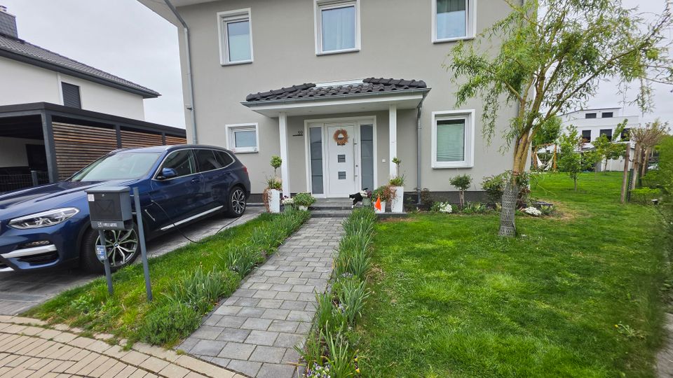 Vorderansicht eines modernen, zweigeschossigen Einfamilienhauses mit grauer Fassade, weiß gerahmten Fenstern und überdachtem Eingangsbereich. Davor führen gepflasterte Wege durch einen Vorgarten mit Rasen, Beeten und kleinem Baum; links liegt eine Einfahrt mit geparktem Auto.