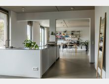 Moderne Wohnküche mit minimalistischem Design; auf der linken Seite eine weiße Kücheninsel mit Edelstahlspüle und Pflanze, im Hintergrund ein Wohnbereich mit Esstisch, schwarzen Stühlen und einer Bücherwand aus offenen Regalen. Große Fenster lassen viel Tageslicht ein.