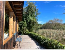Holzterrasse neben einem Gebäude mit dunkel verkleideter Holzfassade und großen Fenstern, dahinter dichte Bepflanzung aus Sträuchern und Bäumen, im Hintergrund ein Schilffeld unter klarem, blauem Himmel.