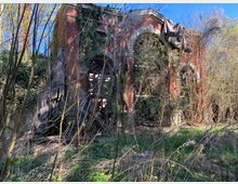 Verfallenes Backsteingebäude mit großen Rundbogenfenstern und steinernem Portal, teils von Efeu überwuchert und mit zerrissenen Planen am Dach. Dichtes Gestrüpp und junge Bäume umgeben die Ruine in einer verwilderten Grünfläche.