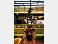 Modernes Restaurant mit grünen Polsterbänken und Holzboden, zentral ein dekorativer Bonsai-Baum in einer Schale auf einem Sockel. Im Hintergrund eine dunkel gehaltene Wand, an der dekorative Bilder aufgehängt sind, sowie eine Decke mit verglaster Struktur.