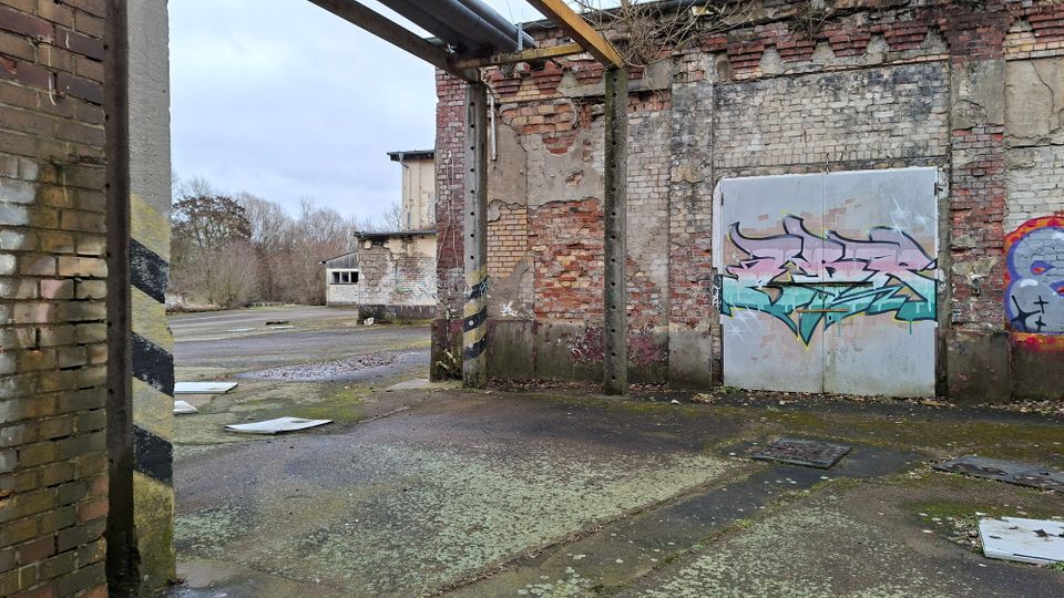 Blick in eine verlassene Industriehalle mit bröckelnden Ziegelwänden, freiliegenden Betonstützen und ohne Dach, sodass der Himmel sichtbar ist. Auf einem Metalltor und der Wand sind großflächige Graffiti, der Boden ist rissig und von Moos sowie Schuttplatten bedeckt, dahinter liegt ein offener Hof mit weiteren Gebäuderesten und Bäumen.