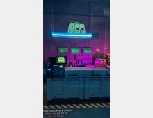 Futuristischer Innenraum mit einer technischen Arbeitsstation, mehreren Bildschirmen mit grünen Texten und einer leuchtenden LED-Leiste in Blau. An der Wand befindet sich eine Projektion mit dem Schriftzug "Off World," umgeben von violettem und blauem Licht.