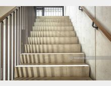 Betontreppe in einem modernen Innenraum mit seitlichen Holzhandläufen und Geländerstreben aus Metall; Licht wirft Schattenlinien auf die Stufen. Im Hintergrund befindet sich eine Glas- und Metalltür.