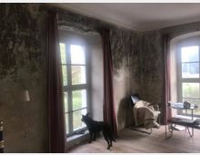 Ein Zimmer mit abgenutzten, teils abblätternden Wänden und zwei großen, bogenförmigen Fenstern, behängt mit rötlichen Vorhängen. Auf einem Holzfußboden steht ein schwarzer Hund am Fenster, daneben ein einfacher Stuhl mit Decke und ein kleiner Beistelltisch mit Büchern und Gegenständen.