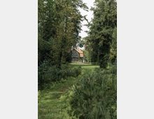 Ein Landhaus mit dunkler Fassade und roten Dachziegeln steht inmitten eines dichten, grünen Gartens, umgeben von hohen Bäumen und Wildpflanzen. Ein schmaler Rasenweg führt durch das naturbelassene Gelände in Richtung des Gebäudes.