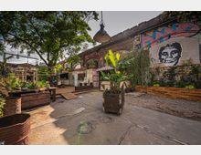 Eine urbane Außenfläche mit Graffiti-bemalter Backsteinwand und Hochbeeten aus Holz. Im Vordergrund stehen Pflanzkästen mit tropischen Pflanzen sowie rustikale Möbel, und der Bereich wird von einem großen Baum beschattet.