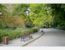 Ein geschwungener, gepflasterter Weg in einem Park, gesäumt von Holzbänken und einem Mülleimer auf der linken Seite. Dichter Baumbestand mit grünen und herbstlich verfärbten Blättern umrahmt den Bereich, im Hintergrund sind Büsche und ein Zaun sichtbar.