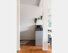 Ein minimalistisch eingerichteter Innenraum mit hellem Holzboden, einem grauen Schrank, einer Mikrowelle darauf und dekorativen Pflanzen auf einem Regal an einer weißen Wand. Links liegt ein kleiner gestreifter Teppich, rechts ist ein Teil eines Sofas und eine Wand mit Pflanzendesign erkennbar.