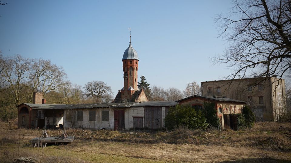 Verlassener Gebäudekomplex mit niedrigen, teils verfallenen Nebengebäuden vor einem hohen Backsteinturm mit Metallkuppel. Davor liegt eine überwachsene Wiese, umgeben von kahlen Bäumen und weiteren alten Mauerresten unter klarem Himmel.