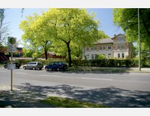 Straßenszene mit einer Bushaltestelle im Vordergrund und einem Fachwerkhaus mit heller Fassade im Hintergrund, umgeben von hohen, grünen Bäumen. Mehrere parkende Autos stehen rechts der Haltestelle entlang der Straße.