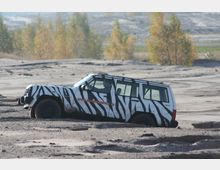 Geländewagen mit Zebra-Muster fährt durch eine sandige, unebene Landschaft, umgeben von spärlichen Bäumen im Hintergrund. Der Wagen sinkt teilweise in den sandigen Boden ein, während er Offroad unterwegs ist.