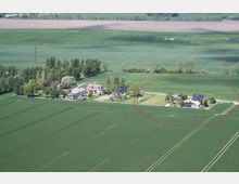 Luftaufnahme einer landwirtschaftlich geprägten Landschaft mit grünen Feldern, Baumreihen und kleinen Hofansiedlungen. Im Vordergrund ist eine Gruppe von Häusern und Gärten, von weitläufigen Feldern umgeben, deutlich zu erkennen.