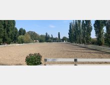 Sandplatz mit weißen Begrenzungszäunen, umgeben von hohen Bäumen und vereinzelten Büschen; im Hintergrund stehen mobile Toiletten sowie weitere Grünflächen. Im Vordergrund ist ein Kübel mit blühenden Pflanzen zu sehen.