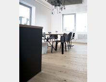 Heller Raum mit modernen Möbeln, darunter ein Holztisch und verschiedene Stühle, auf einem Boden aus hellem Holz. Große Fenster lassen Tageslicht herein, und eine schwarze, asymmetrische Hängeleuchte mit sichtbaren Kabeln hängt von der Decke.